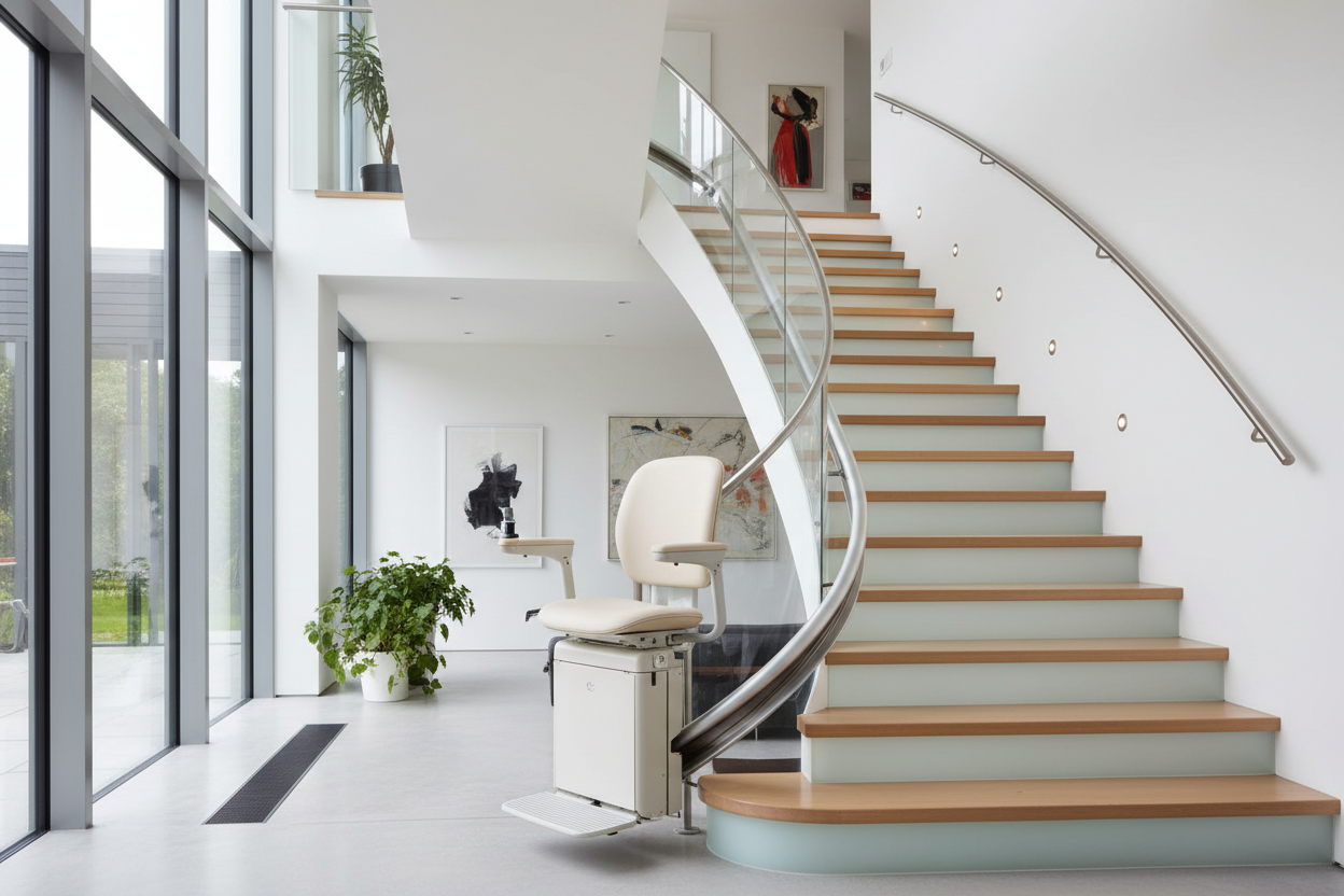 Ein moderner Treppenlift in einem hellen, offenen Wohnbereich mit einer geschwungenen Holztreppe.