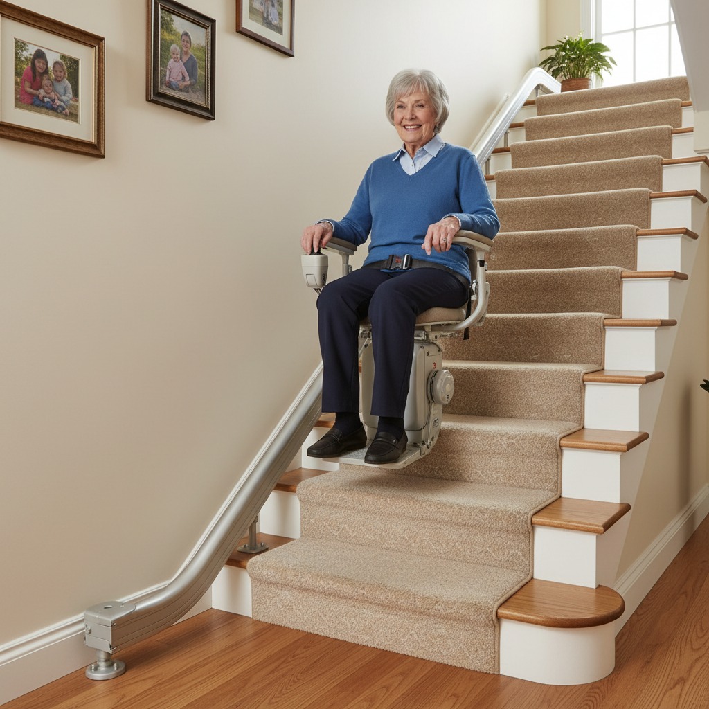 Eine ältere Frau sitzt lächelnd auf einem Treppenlift, der sie eine mit Teppich ausgelegte Treppe hinaufbefördert.